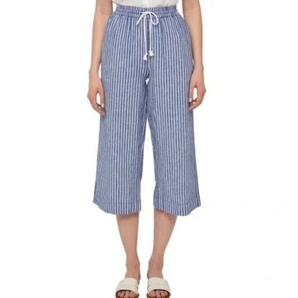 Beach Lunch Lounge Linen Blend Wide Leg Margot Cropped Pants Blue White Stripe S